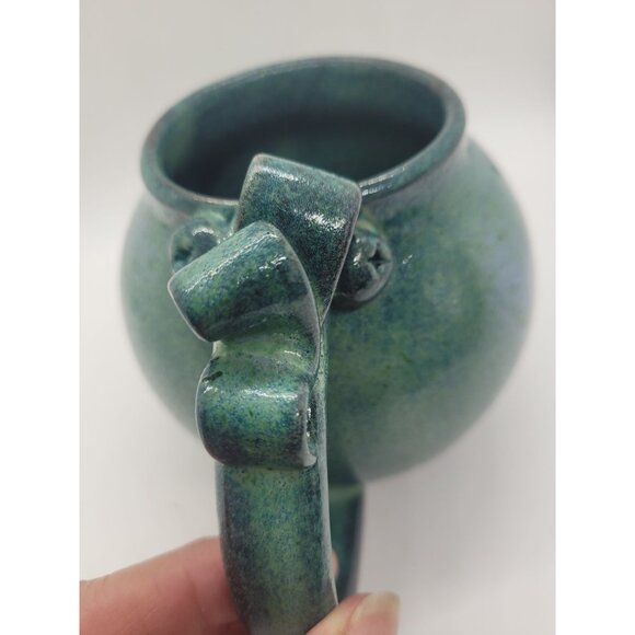 Handthrown Pottery Green Ceramic Mug Ornate Handle Signed Artesian cottage core - Picture 2 of 9